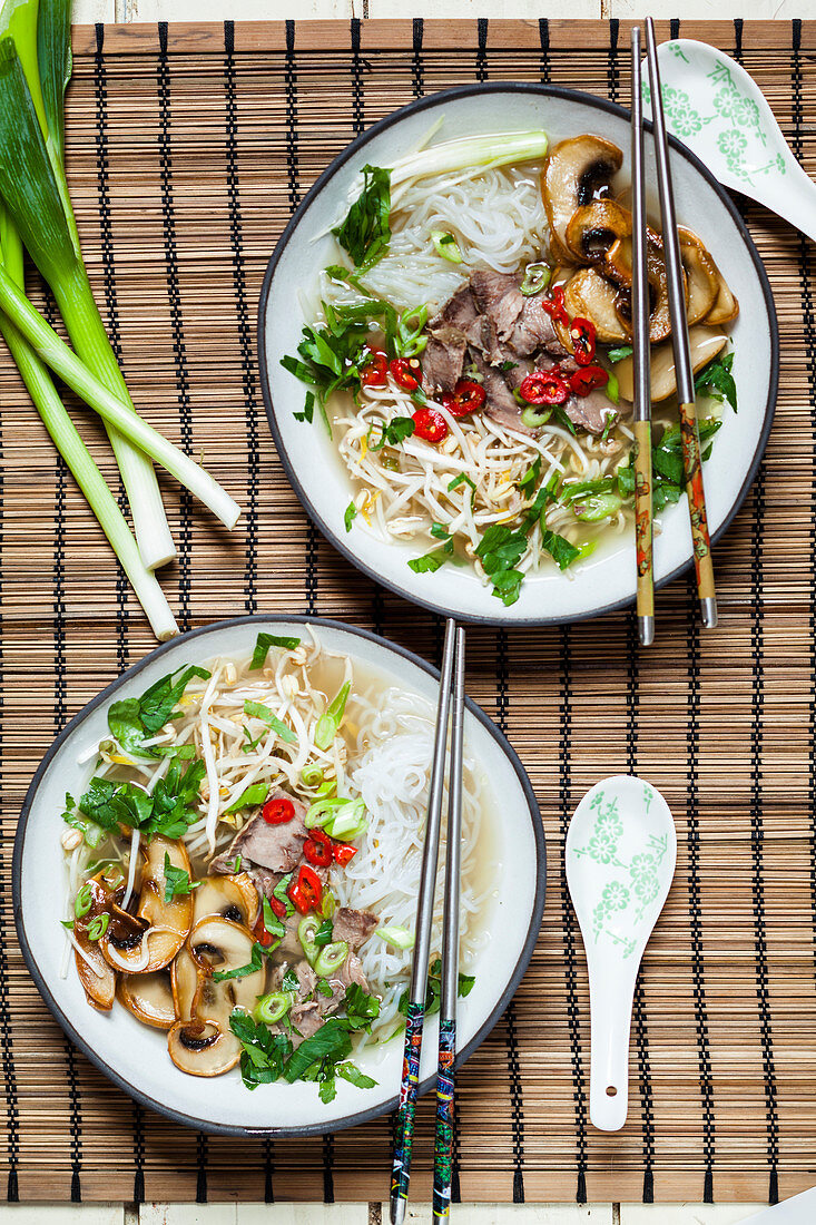 Pho mit Mungobohnenkeimlingen, Frühlingszwiebeln, Chili, Champignons und Rindfleisch (Vietnam)