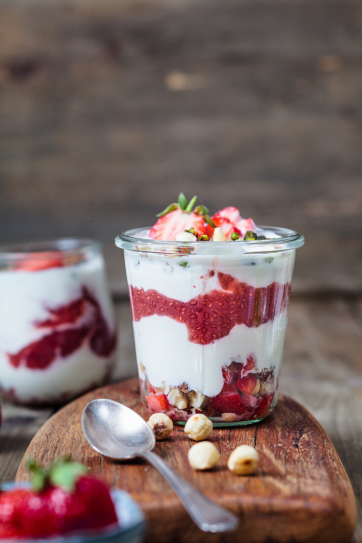 Greek yoghurt with strawberry and chia seed jam, and hazelnuts