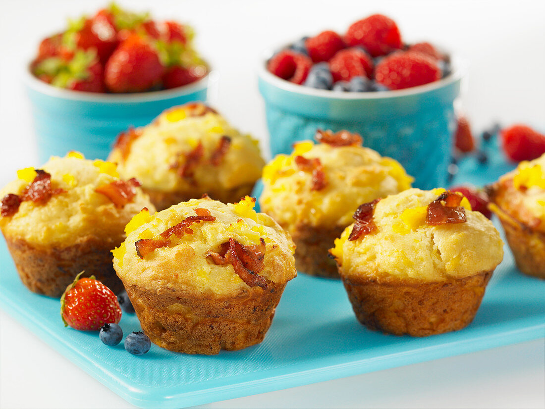 Savory muffins with scrambled eggs, maple syrup and bacon
