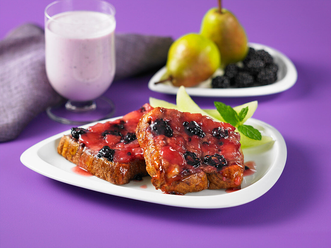 Upside down french toast with pears and blackberries