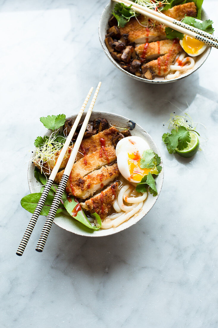 Udon noodle soup with Katsu escalope, chard, egg, fried mushrooms, coriander, lime and onion shoots