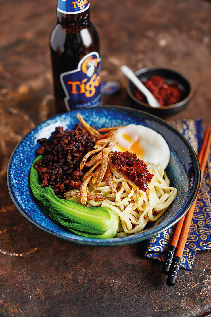 Ban Mian - a noodle dish with mince and pak choi from Singapore