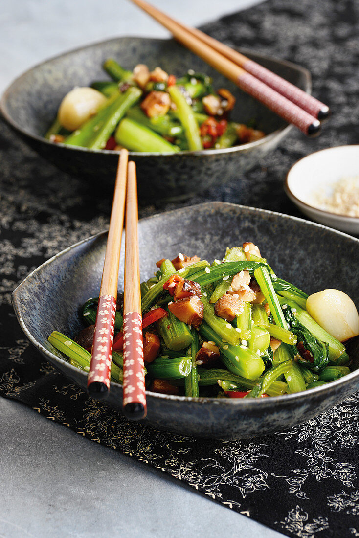 Choi Sam stir-fry – flowered cabbage with sesame seeds and shiitake (Singapore)