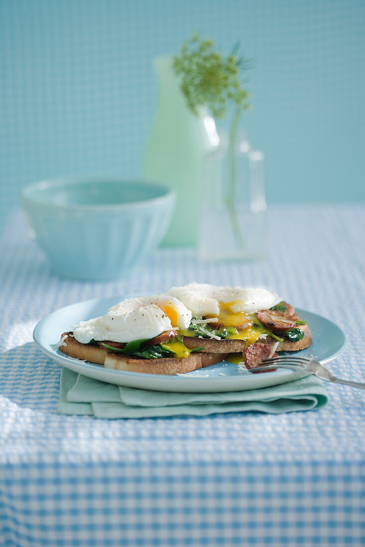 Poached Eggs with Sausage Spinach on Toast