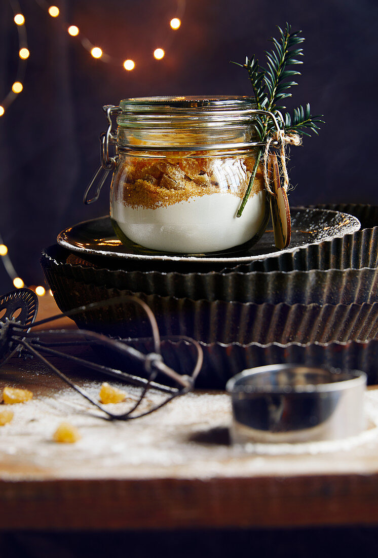 Biscuit baking mixture in a glass jar for gifting at Christmas