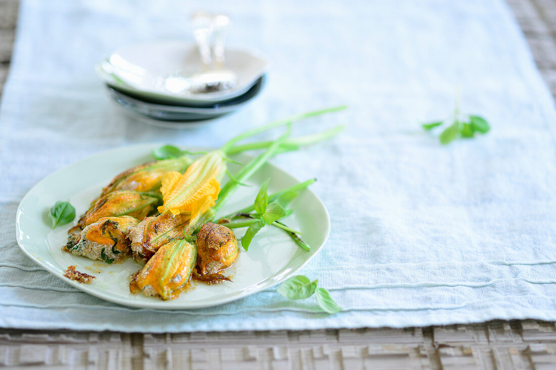 Stuffed courgette flowers with herb amaranth