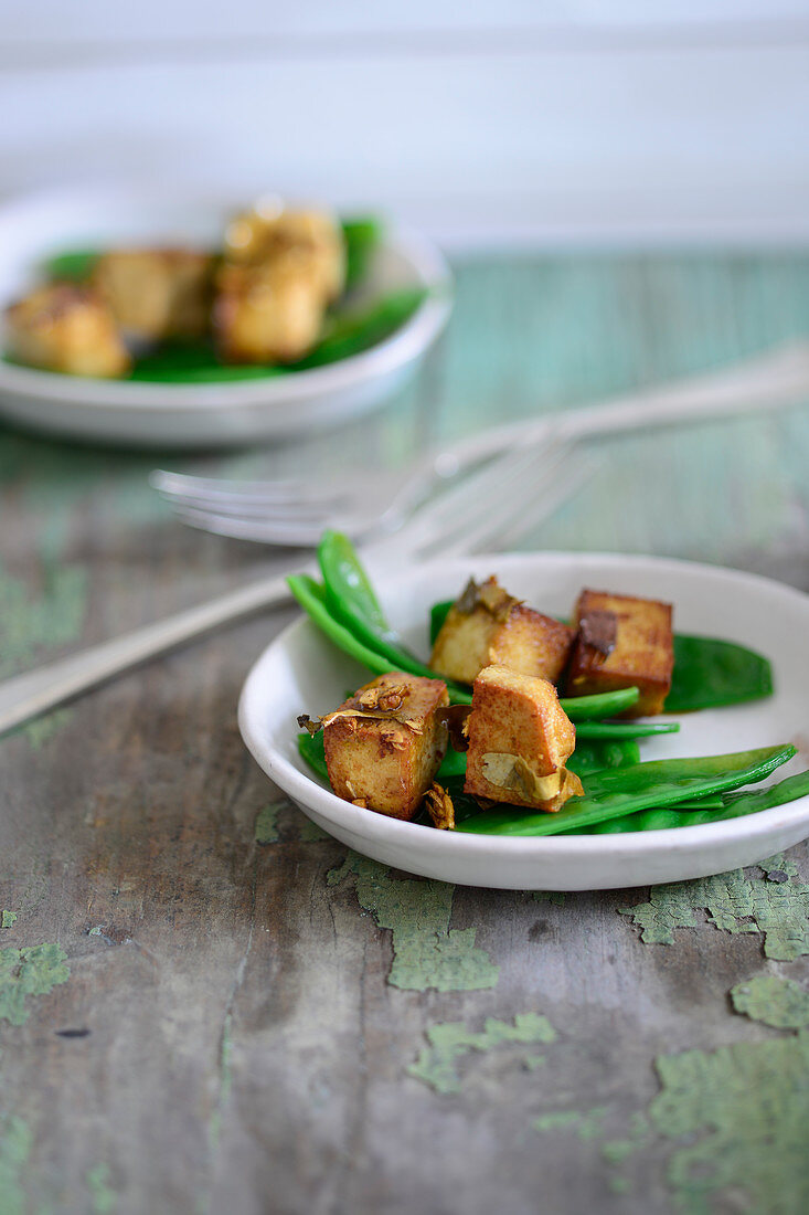 Diced miso tofu with mange tout