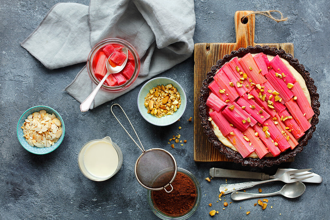 Vegan almond and chocolate tart with rhubarb