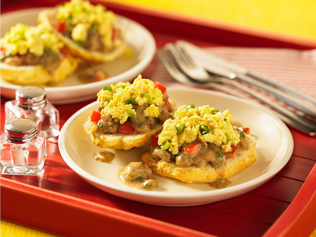 Country biscuits with chicken fried gravy and eggs