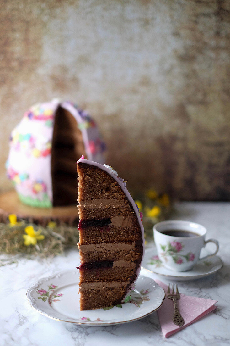 An Easter egg cake made with Baileys, chocolate and blackberry