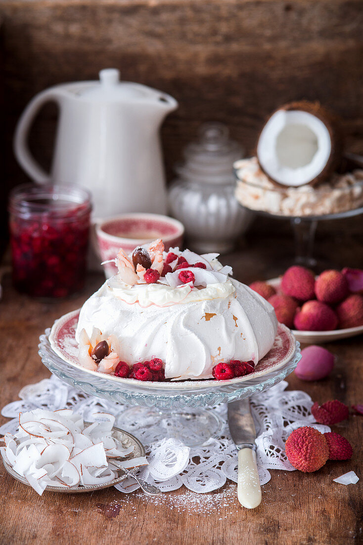 Pavlova with coconut, raspberry and lychee