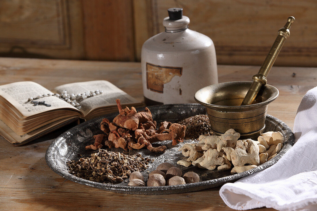 Dried roots and nutmeg with a mortar