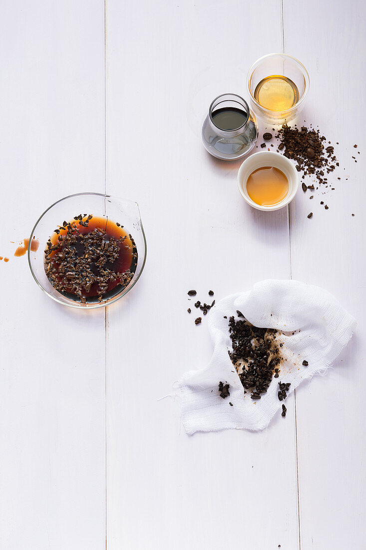 Ingredients for coffee shrub spritzer with aceto balsamico