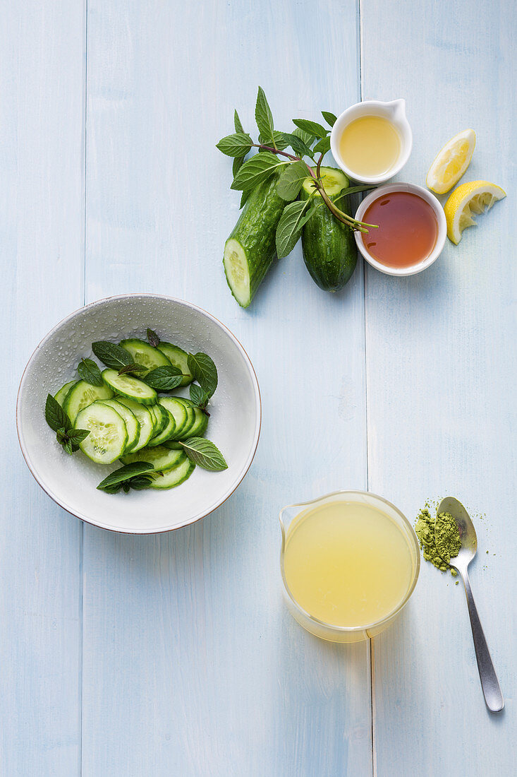 Ingredients for Emerald Palmer with cucumber, mint and matcha