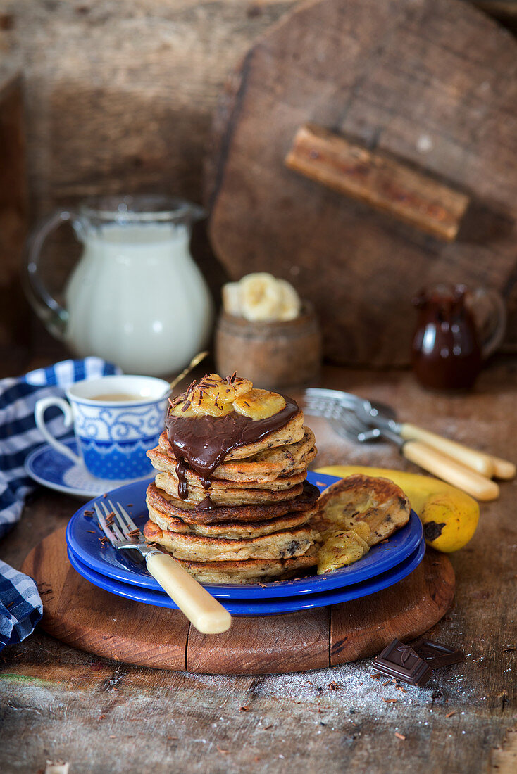 Banana pancakes with chocolate sauce