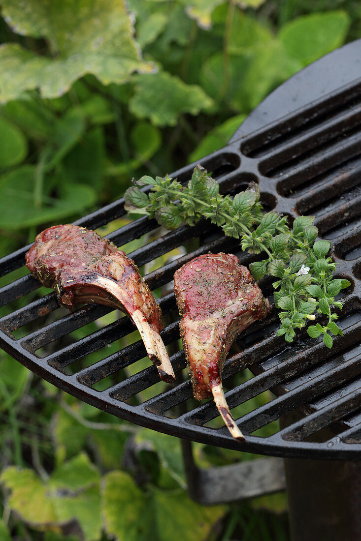 Rack of lamb with herbs on a grill
