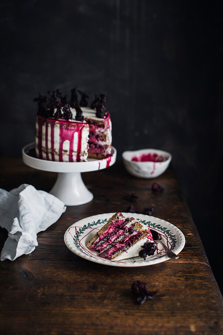 Hibiscus and mascarpone layer cake, sliced