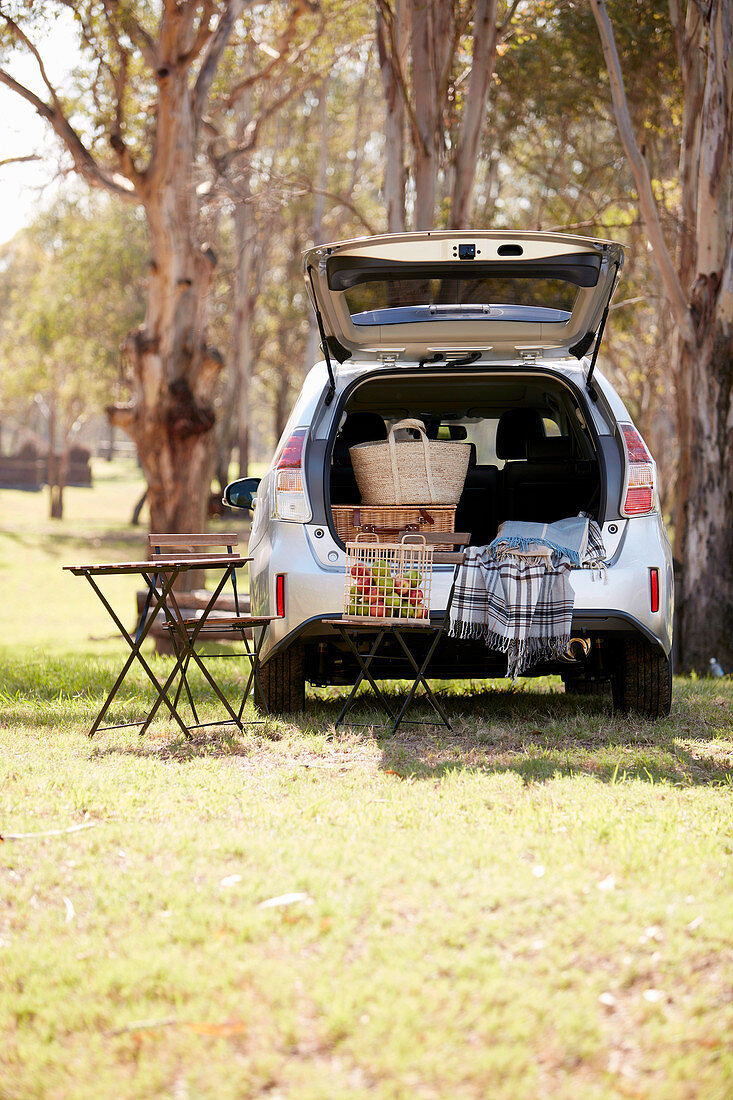 Zubehör für Picknick in offenem Kofferraum eines Wagens