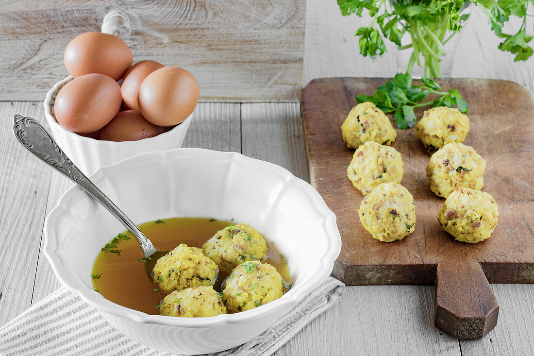 Canederli, typical bread dumplings with speck, eggs and parsley