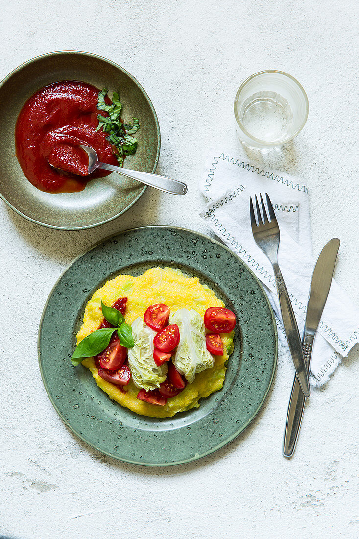 Steamed Chinese cabbage rolls with polenta
