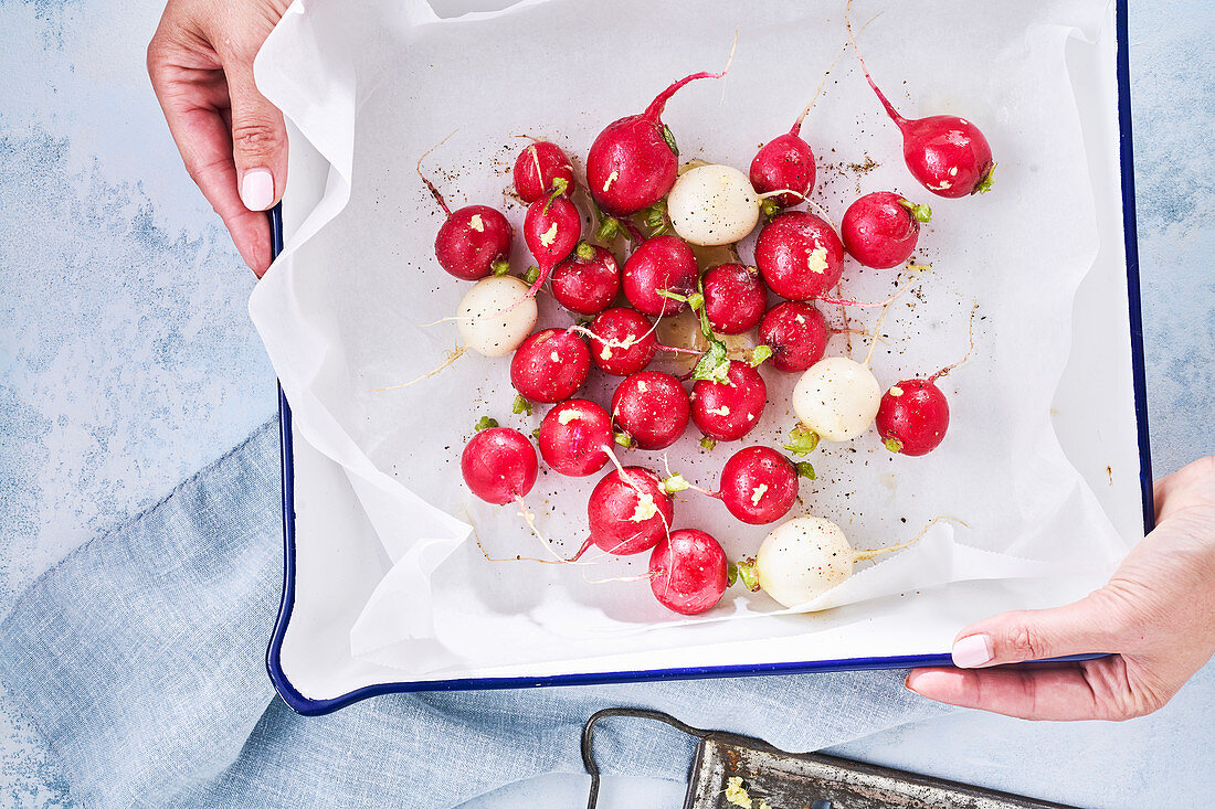 Radishes in an oven dish
