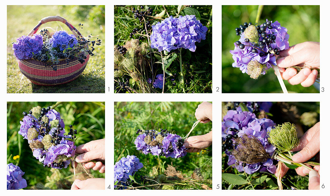 Tying a wreath of purple hydrangeas and blackcurrants