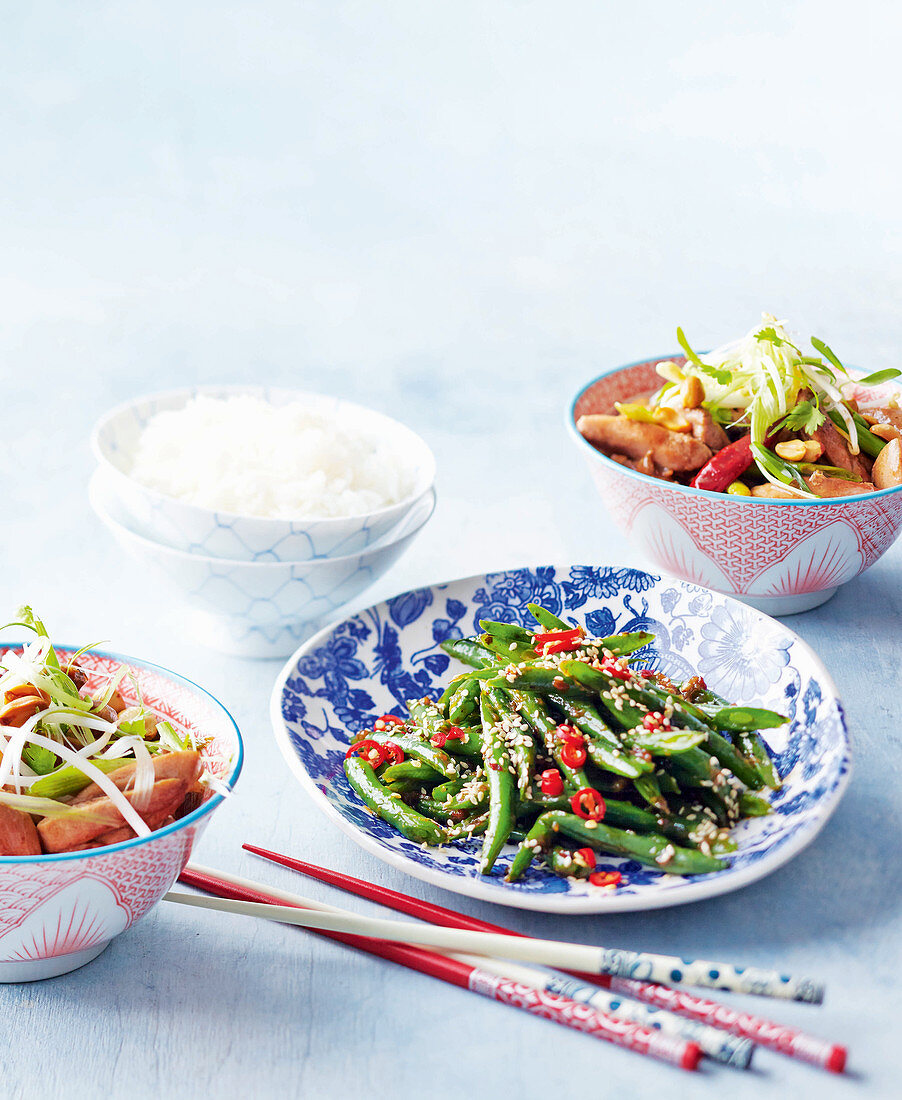 Sichuan dry-fried green beans; Kung pao chicken (China)