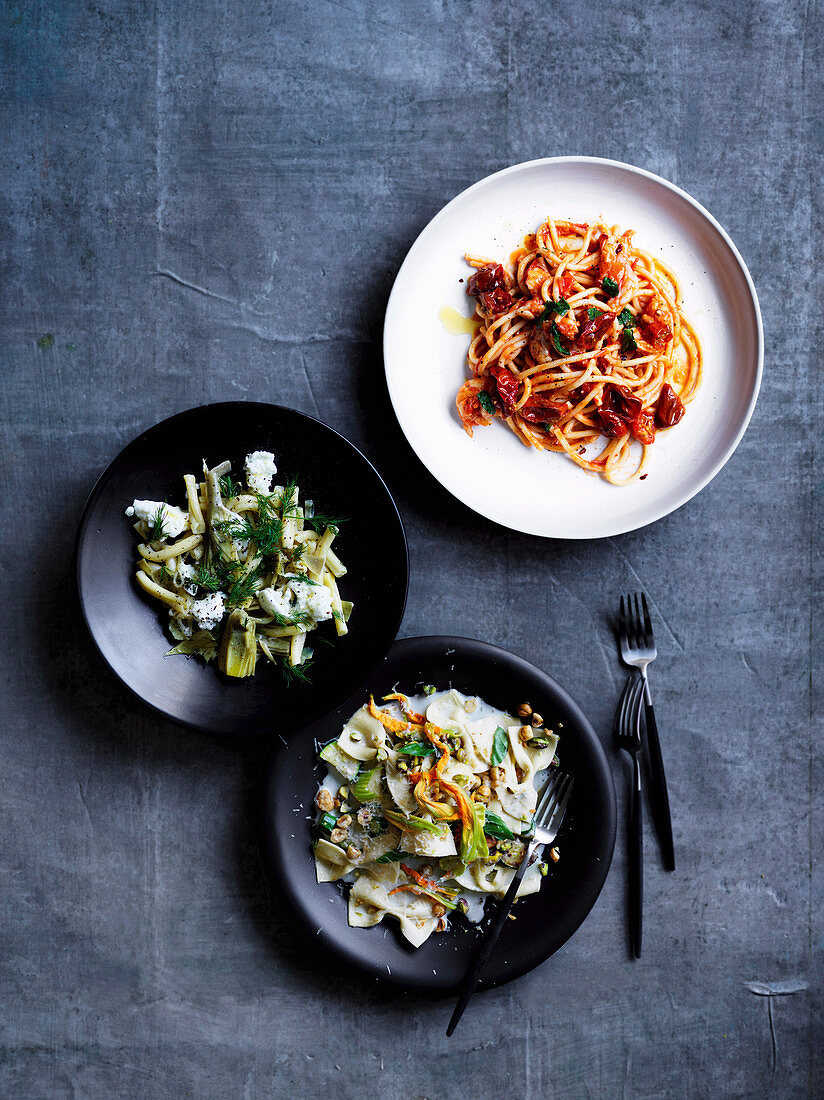 Bucatini with prawn fra diavolo, Farfalle with Gorgonzola fonduta and Casarecce with artzischockes and capers