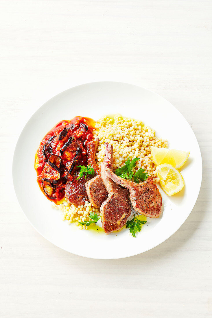 Lamb cutlets with eggplant relish and pearl couscous