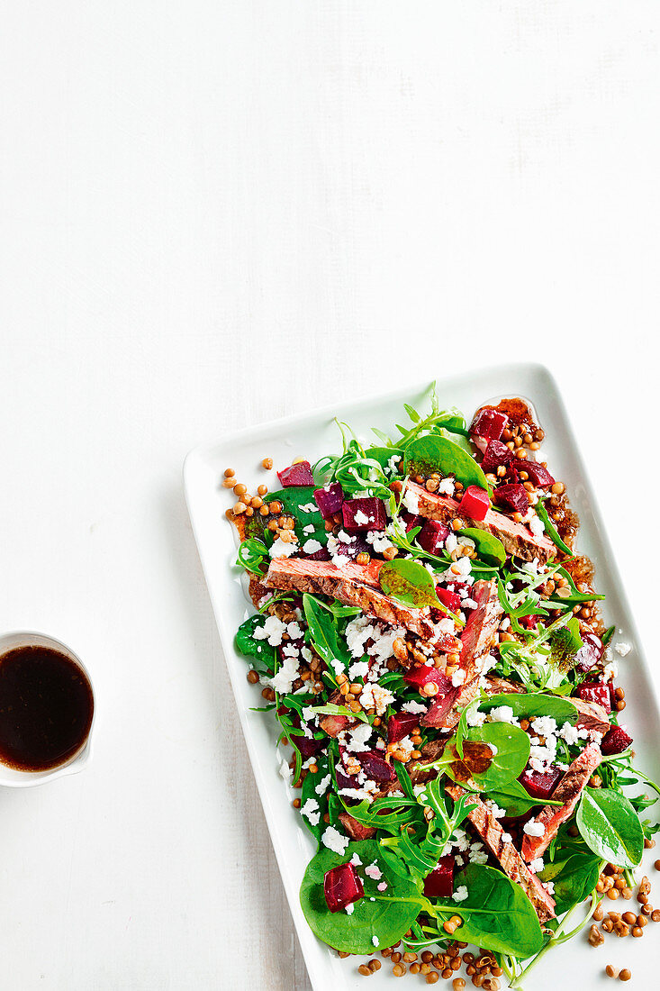 Barbecue steak salad with beetroot and lentils
