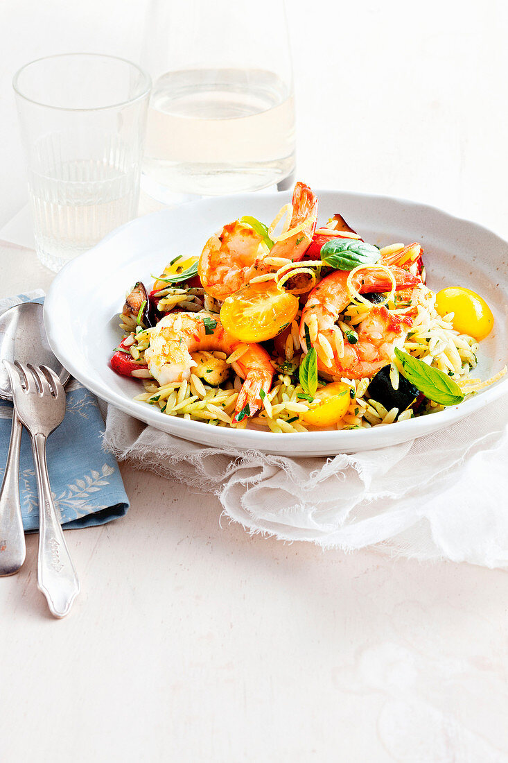 Risoni salad with prawns, basil and roasted vegetables