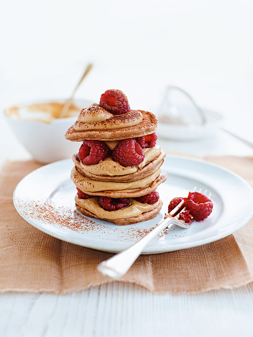 Coffee pancakes with raspberries