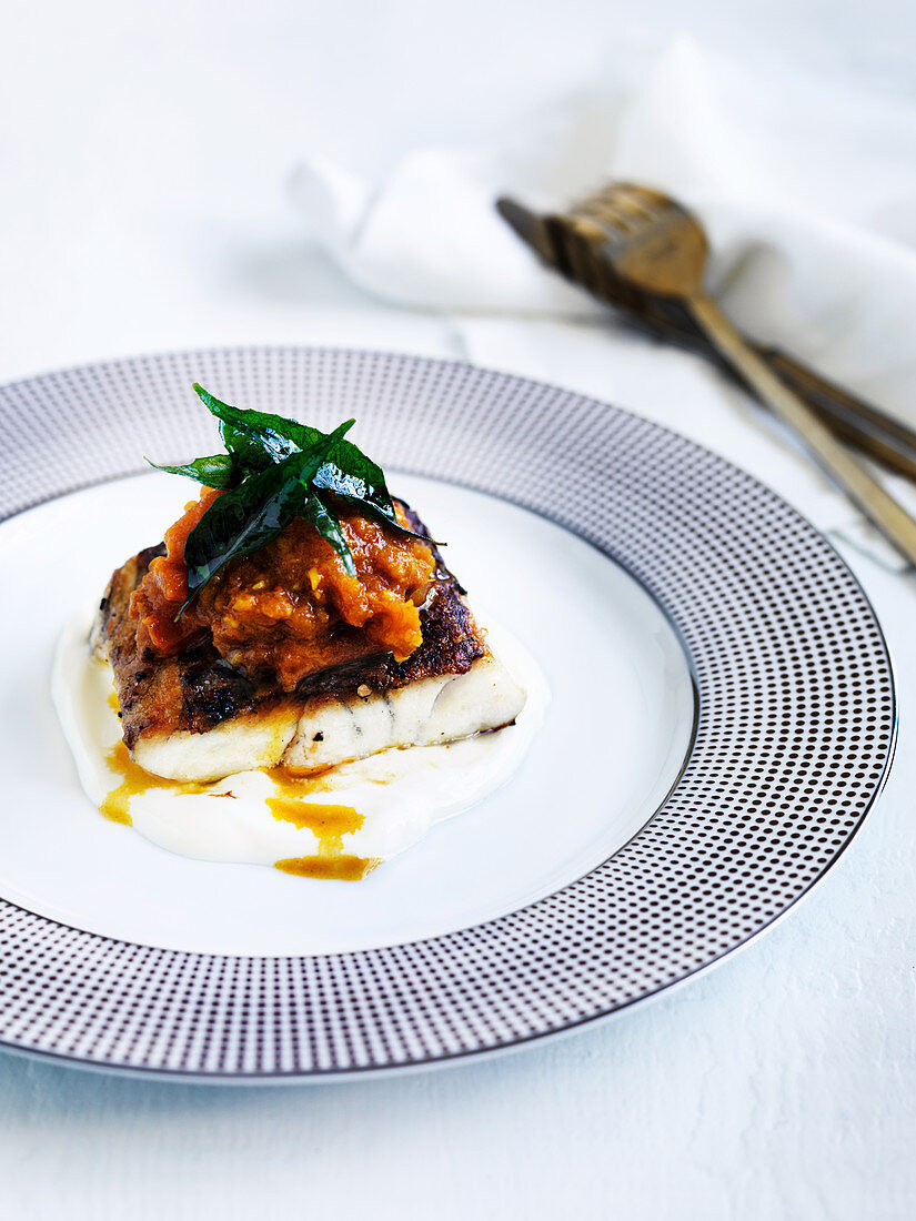 Spiced barramundi with tomato-chili pickle (1990s)