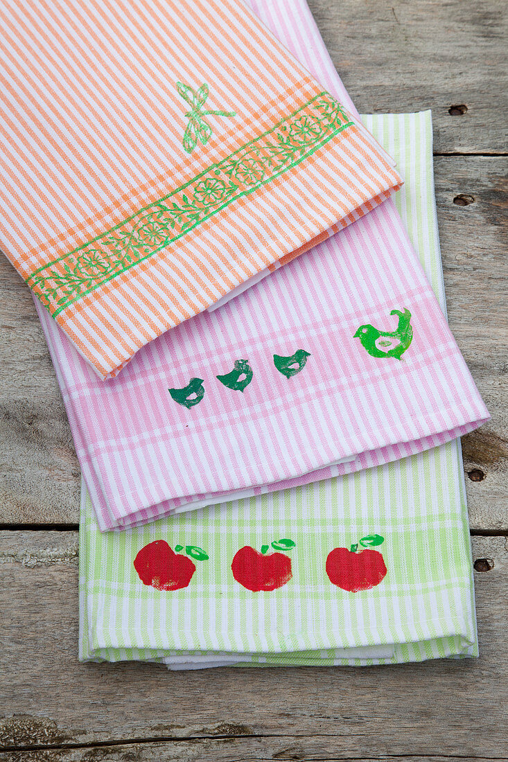 Handmade tea towels with stamp prints