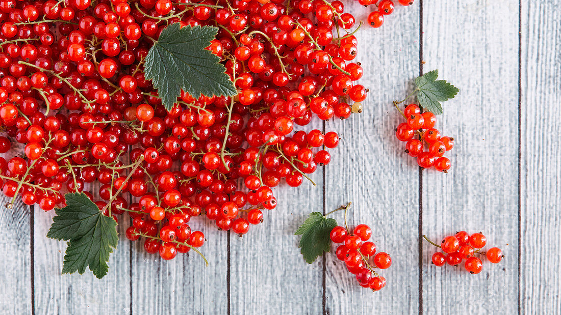 Redcurrants with leaves on wooden background
