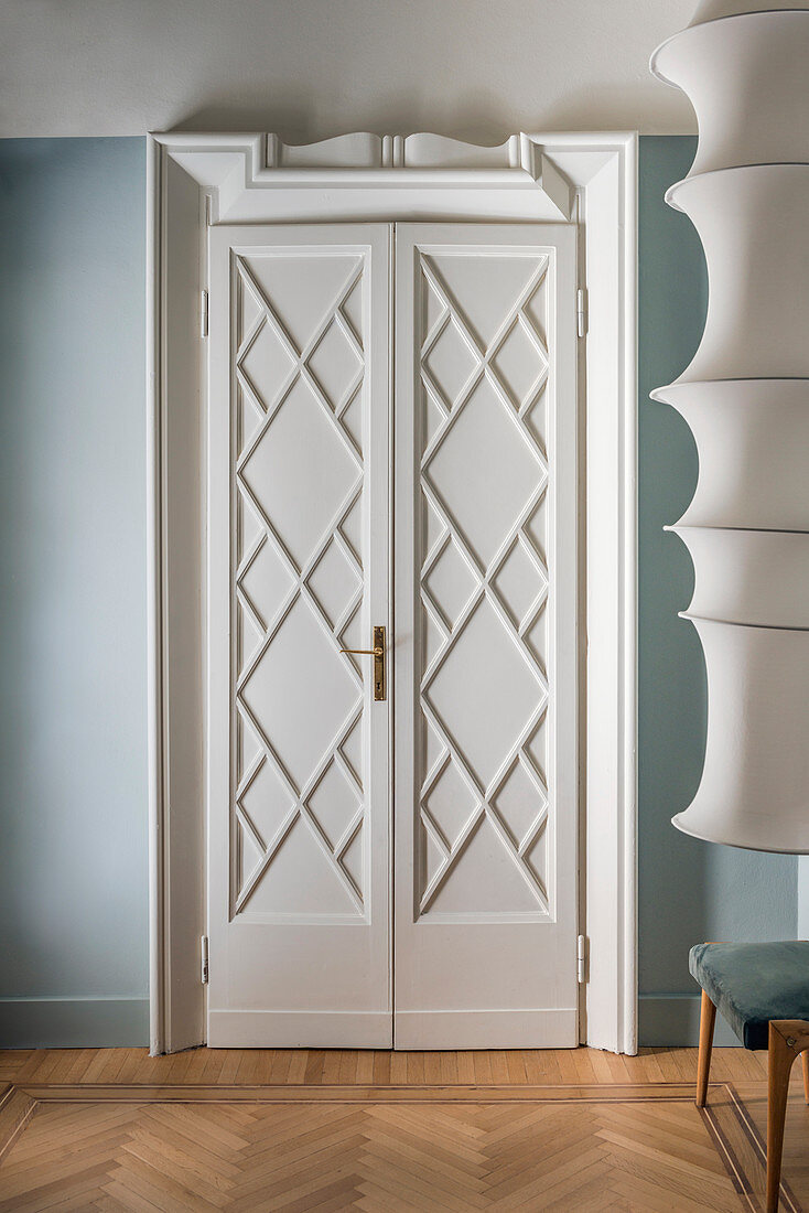 Restored, white double doors