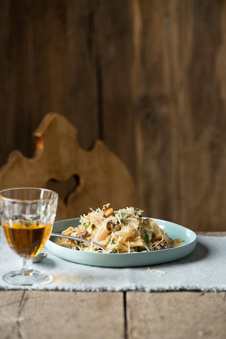 Chestnut noodles with a nut and cheese sauce