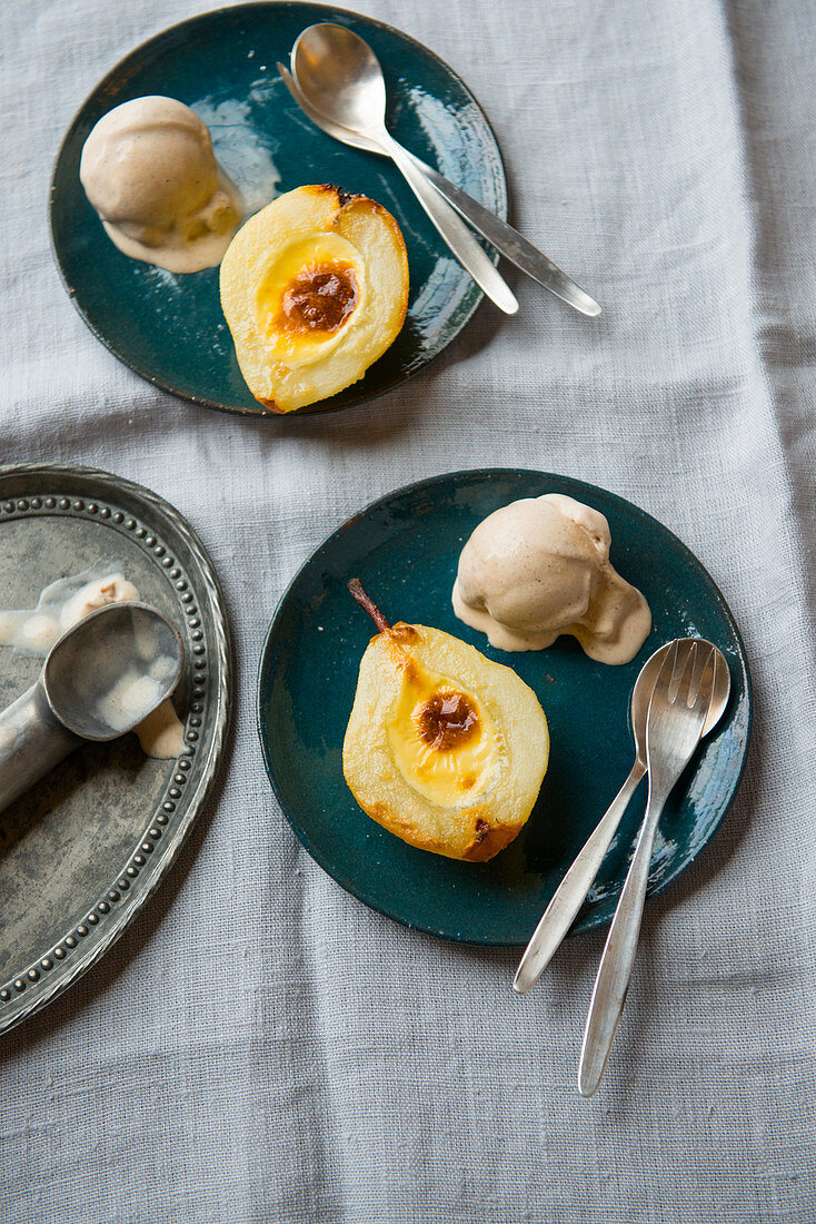 Swiss creamy pears with buttermilk and cinnamon ice cream