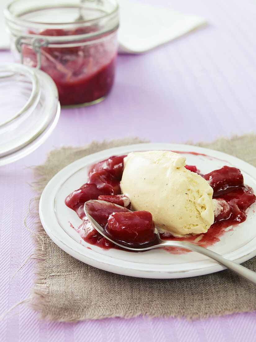 Sour cream ice cream with rhubarb compote