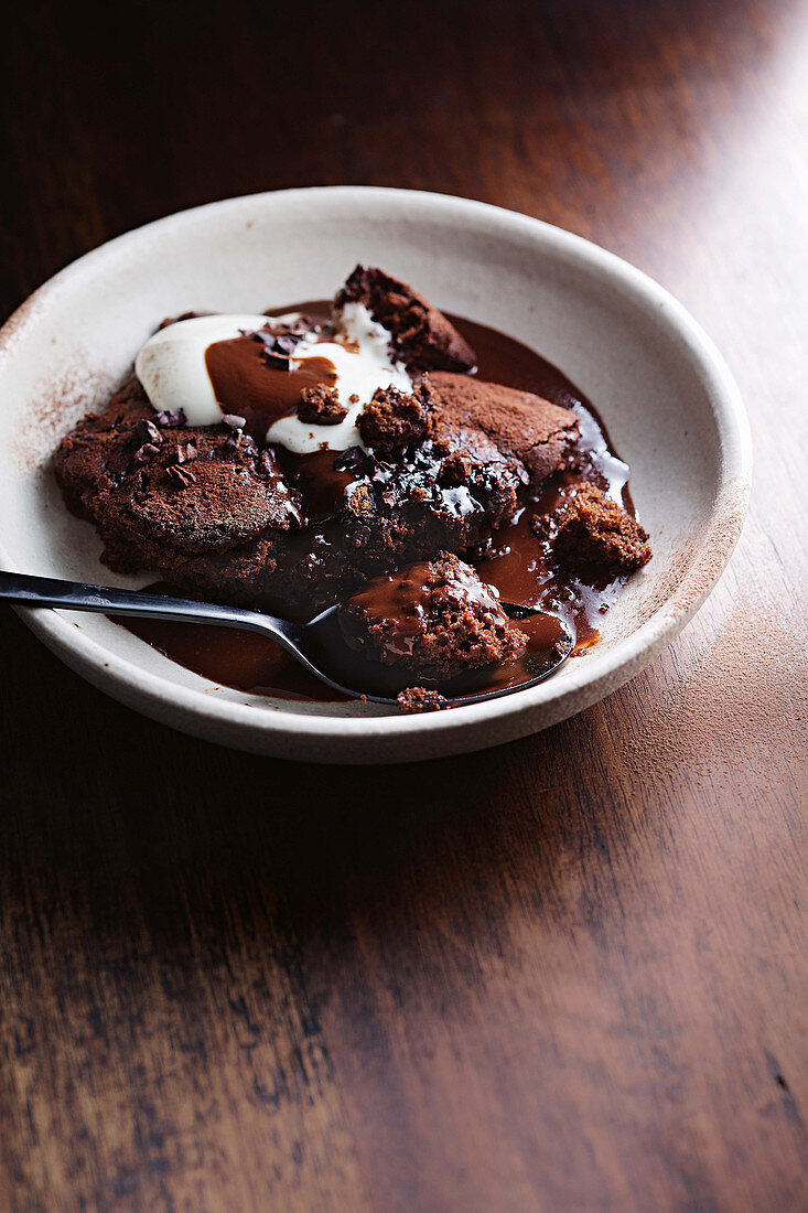 Cacao and spelt self-saucing pudding