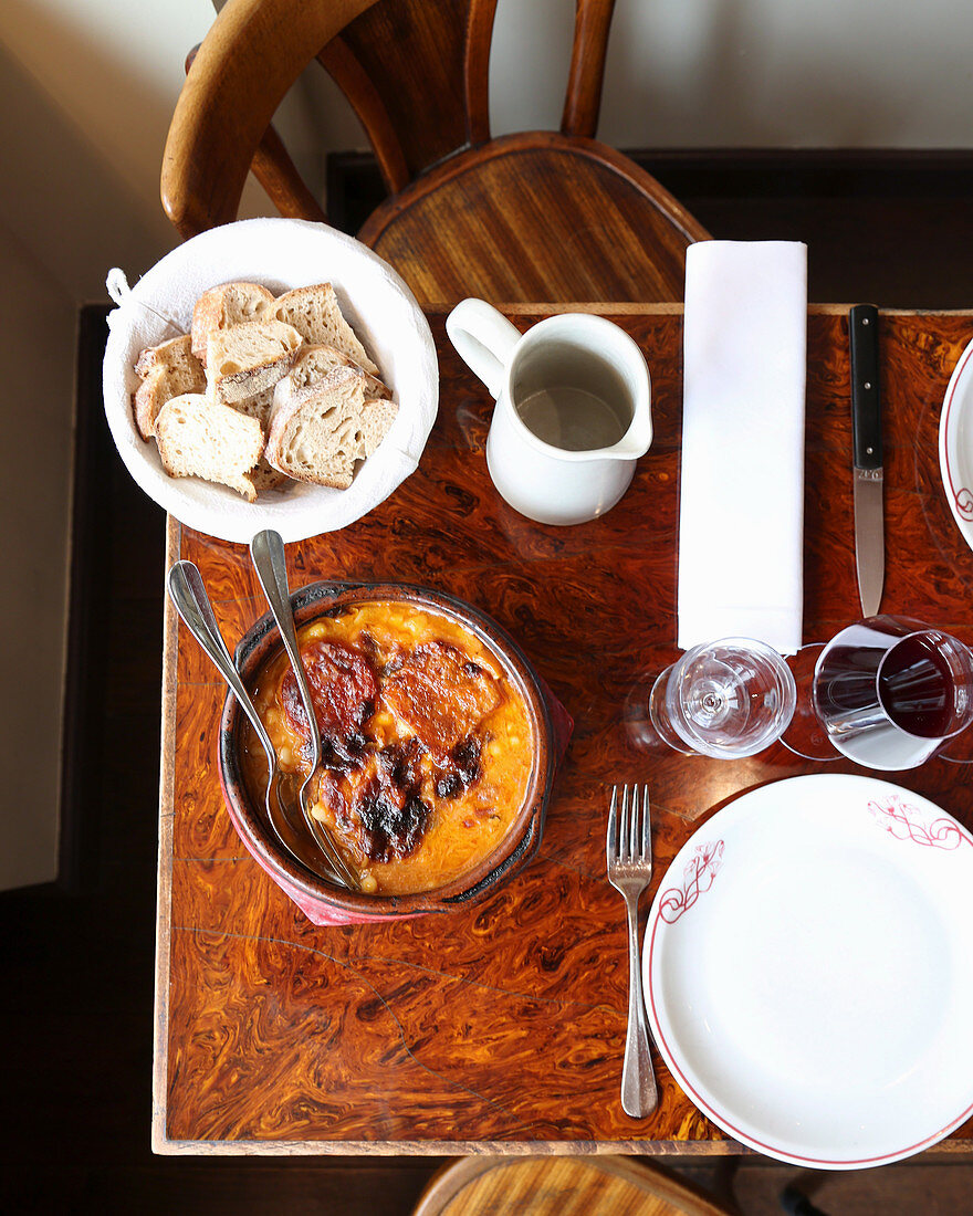 French dining table with onion soup