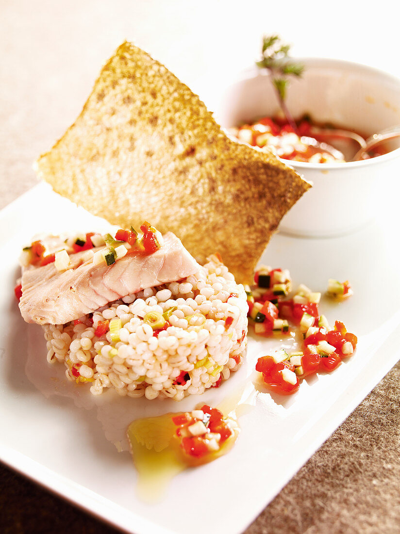 Barley risotto with trout and a pepper and courgette vinaigrette