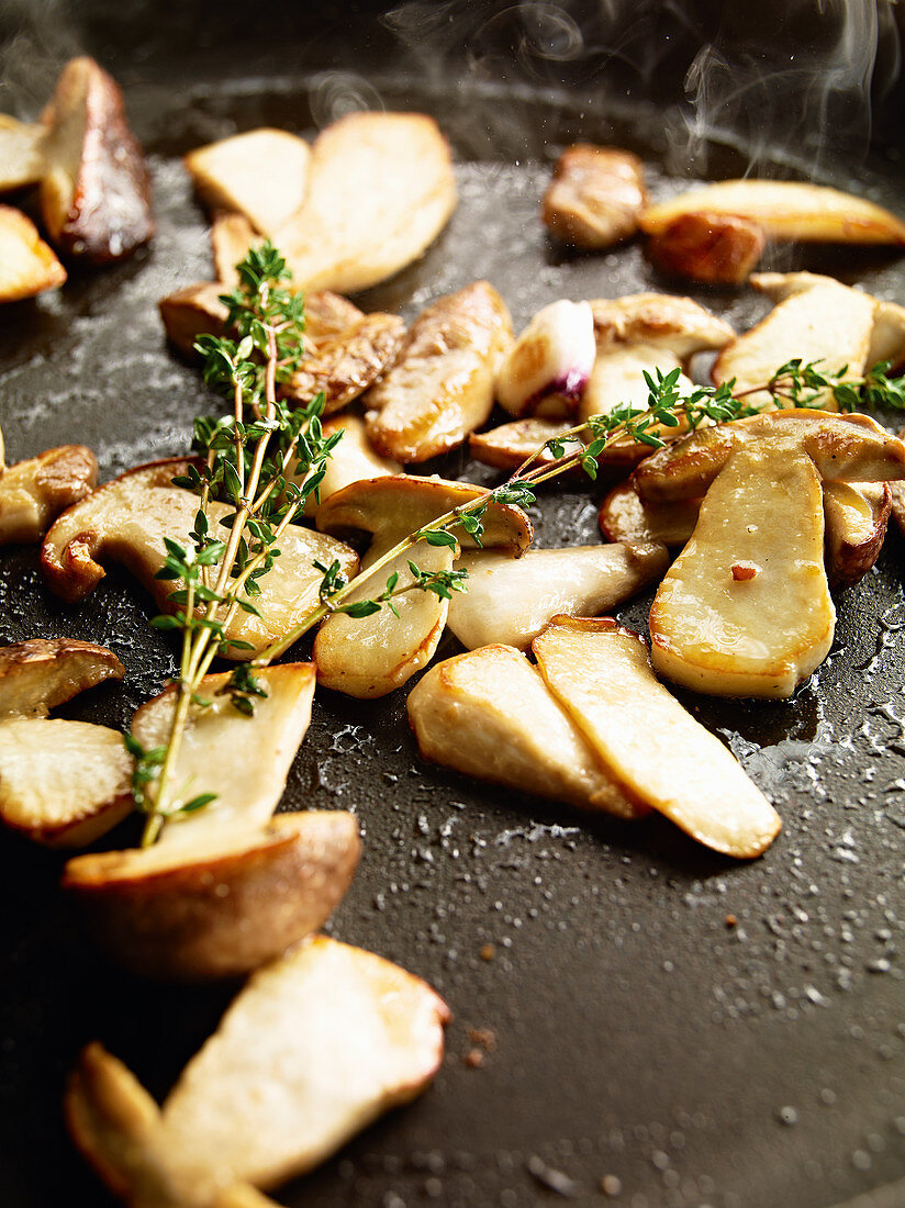 Fried porcini mushrooms with thyme