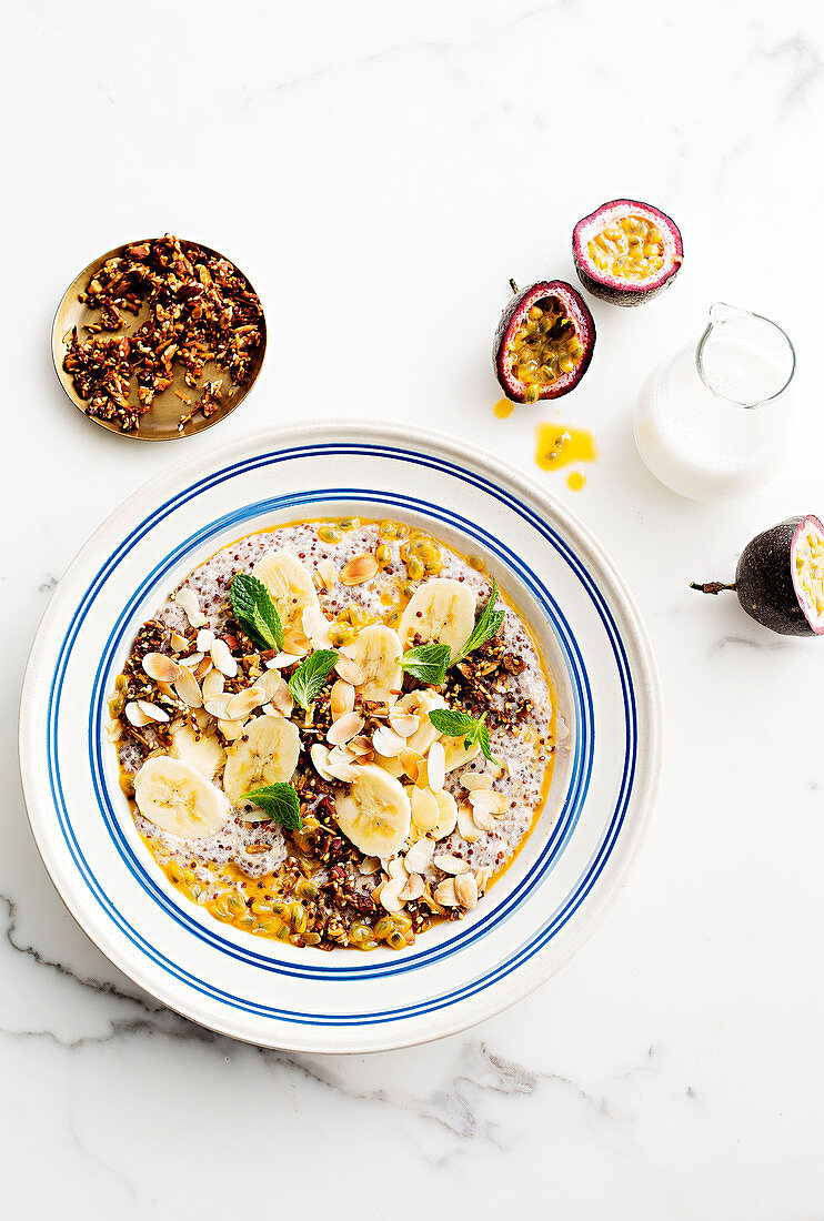 Chilled banana and chia porridge bowl with quinoa Granola