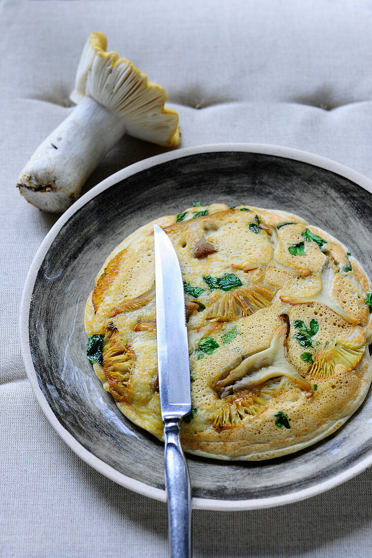 A mushroom omelette made with ochre brittlegill mushrooms