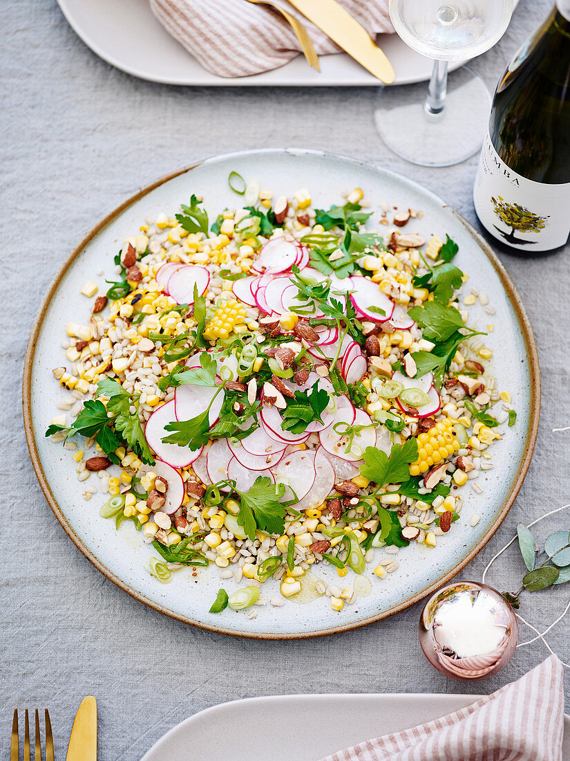 Toasted Corn and Peral Barley with Mustard Dressing