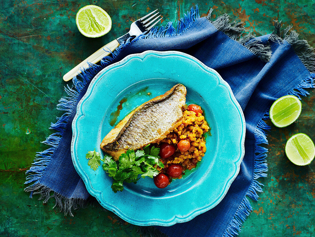 Pan-fried snapper with red lentils