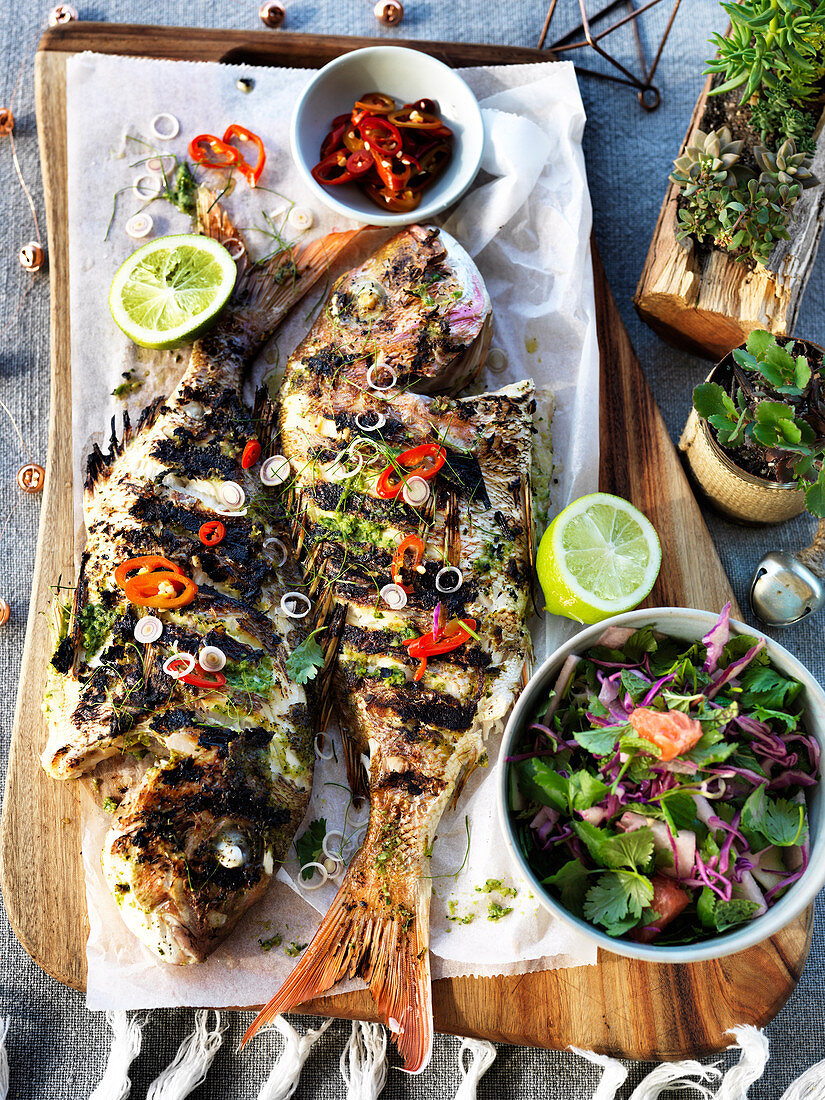 Barbecued whole fish with lemongrass and lime leaves