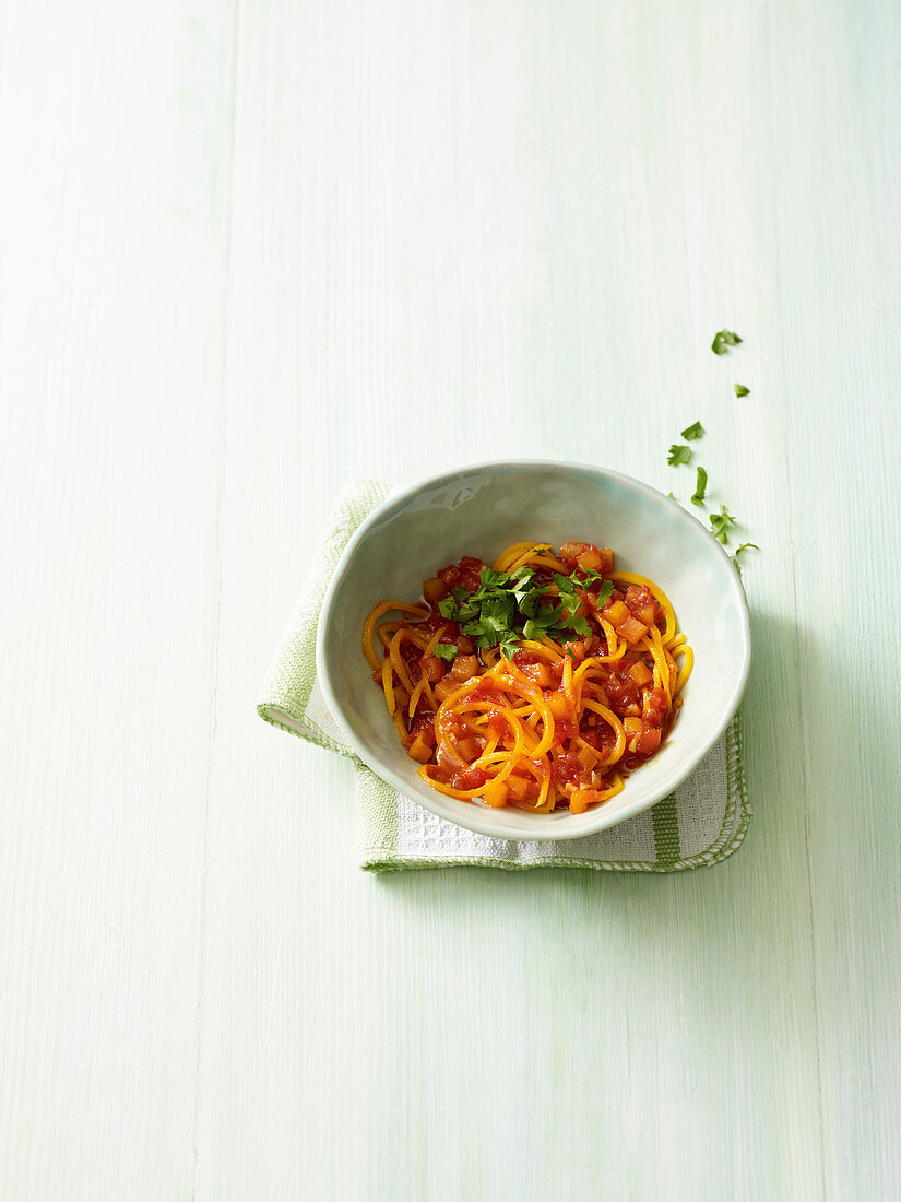 Pumpkin noodles with a sweet and sour pineapple sauce
