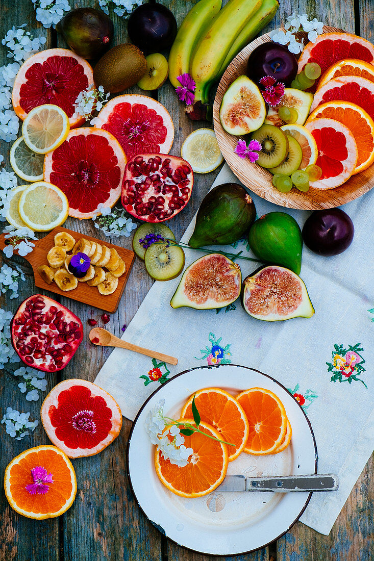 Various colourful fruits on a wooden table